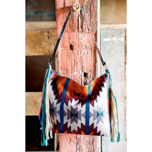 Handbags - Tote, Purse. Tan/Multi Southwestern Pattern. Faux Leather.